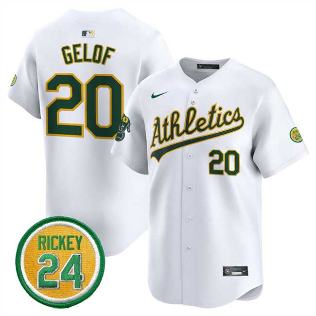 Mens Oakland Athletics #20 Zack Gelof White 2024 Home Limited With Rickey Henderson Patch Stitched Jersey Dzhi->oakland athletics->MLB Jersey